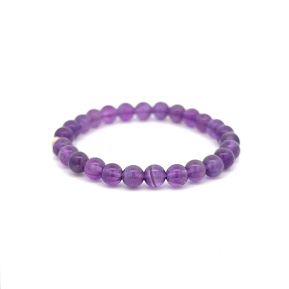 Natural Gemstones Amethyst 6mm Stretchable Bracelet 14k Gold Corrugated Bead - Picture 3 of 6